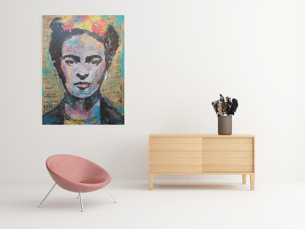 mockup of an art print hanging by a minimalist cabinet and a modern chair 337 el (1)