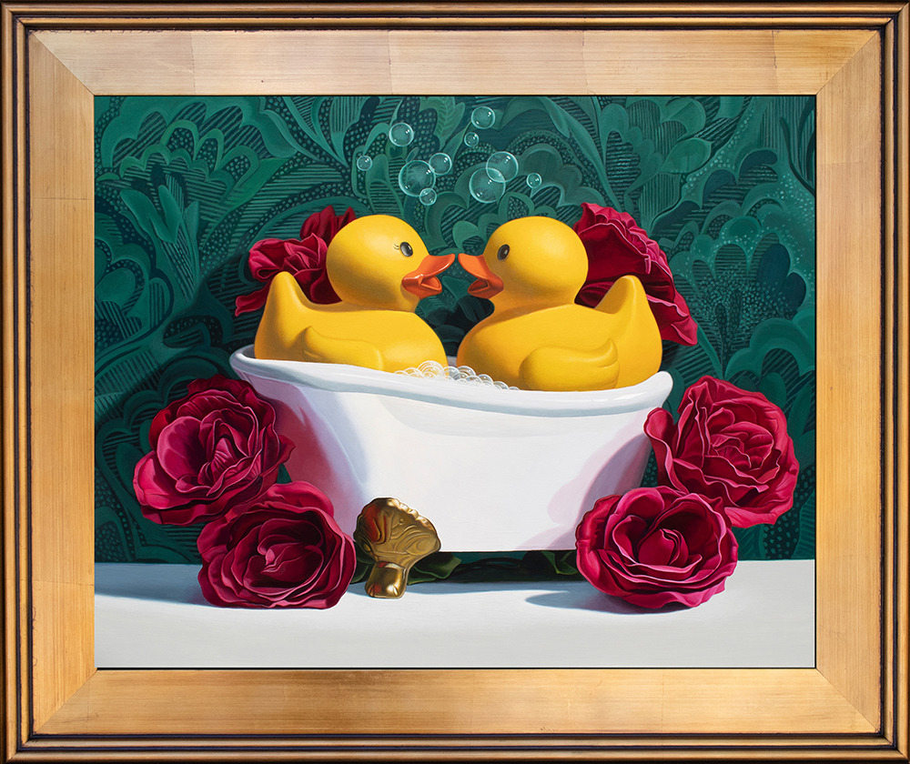 Kevin Grass Love Birds Green Background Gold Frame Acrylic on panel painting