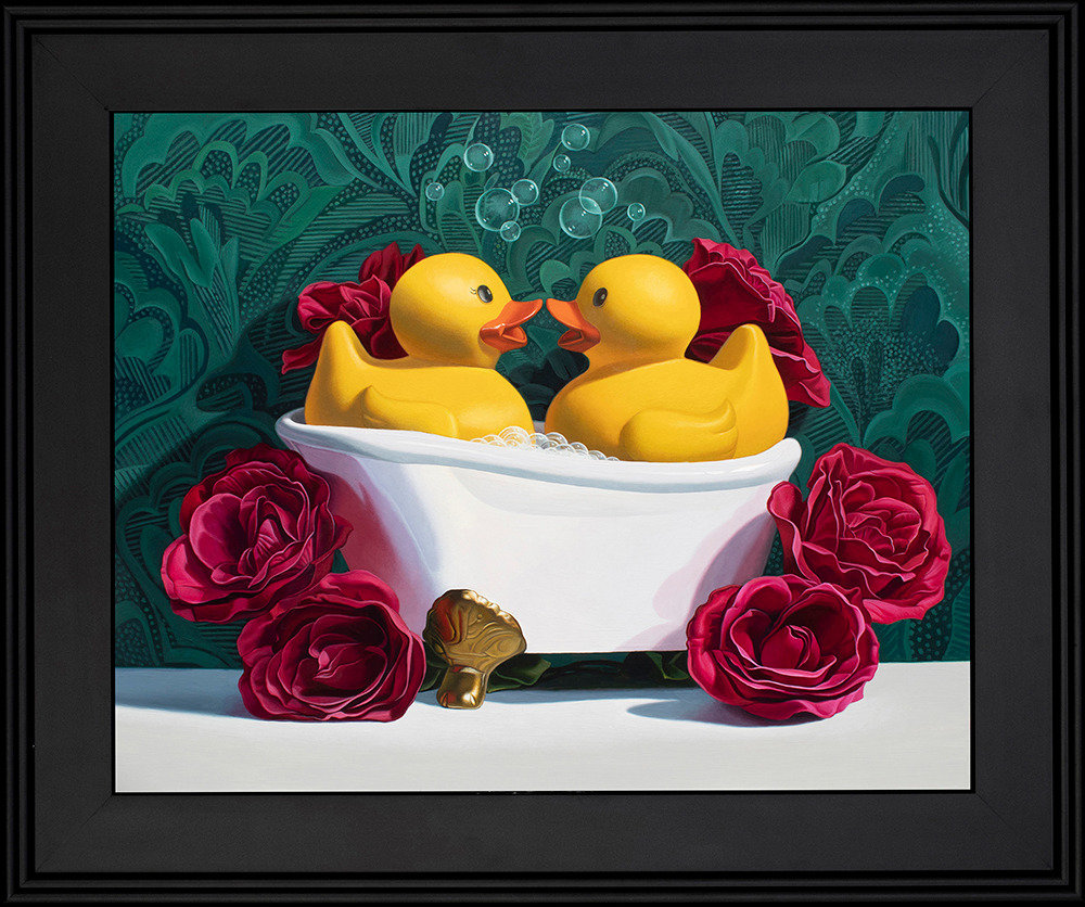 Kevin Grass Love Birds Green Background Black Frame Acrylic on panel painting