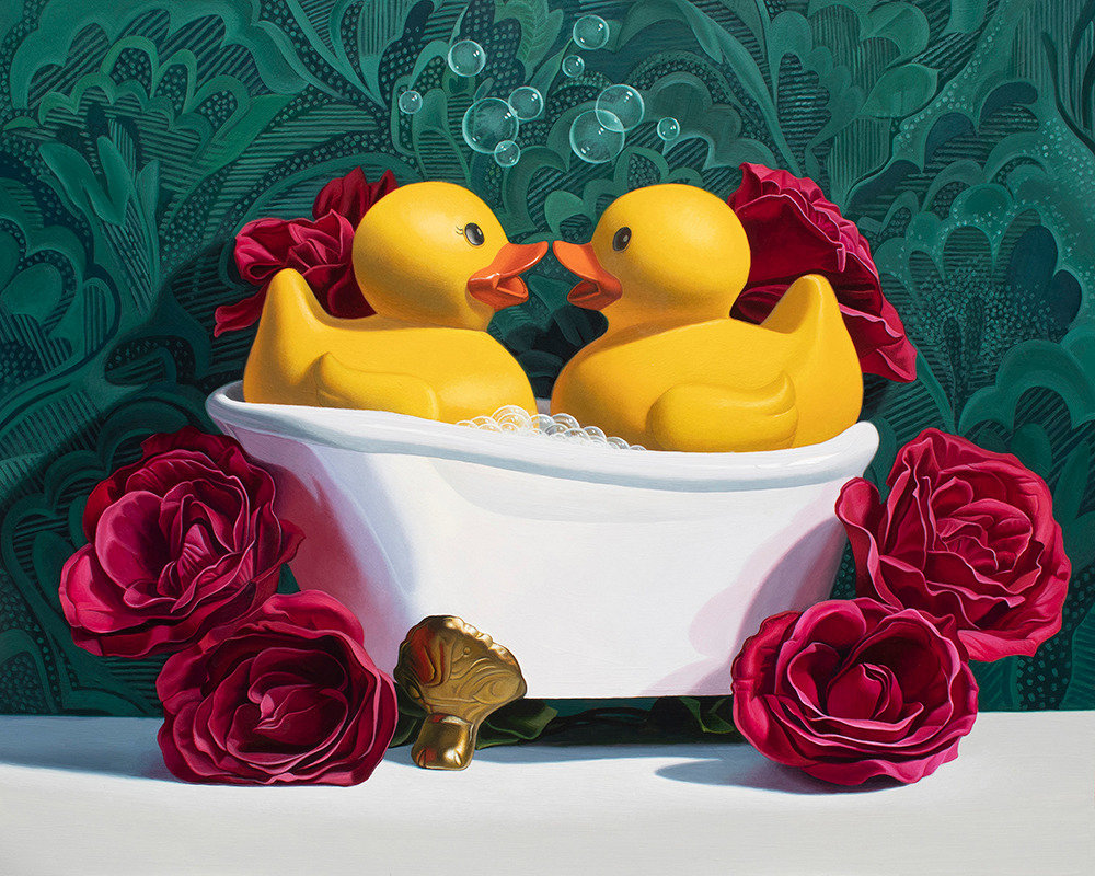 Kevin Grass Love Birds Green Background Acrylic on panel painting