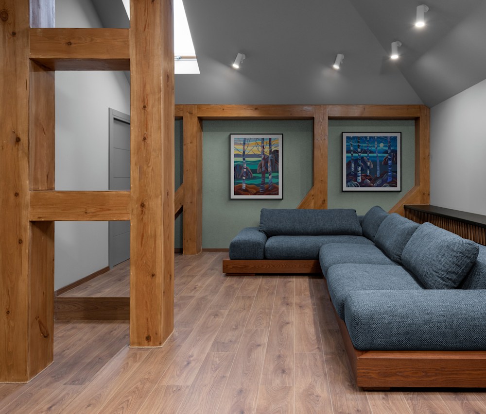 Living room with exposed timber beams