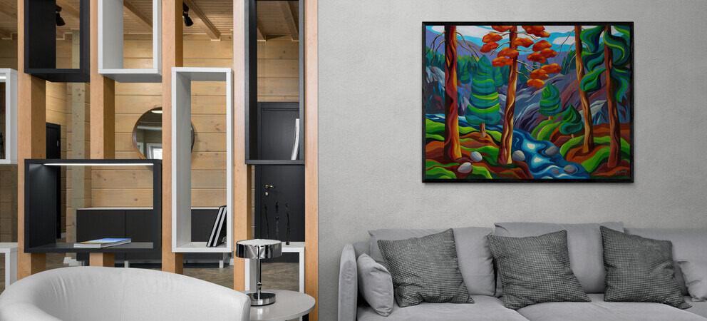 Living room with geometric wood 