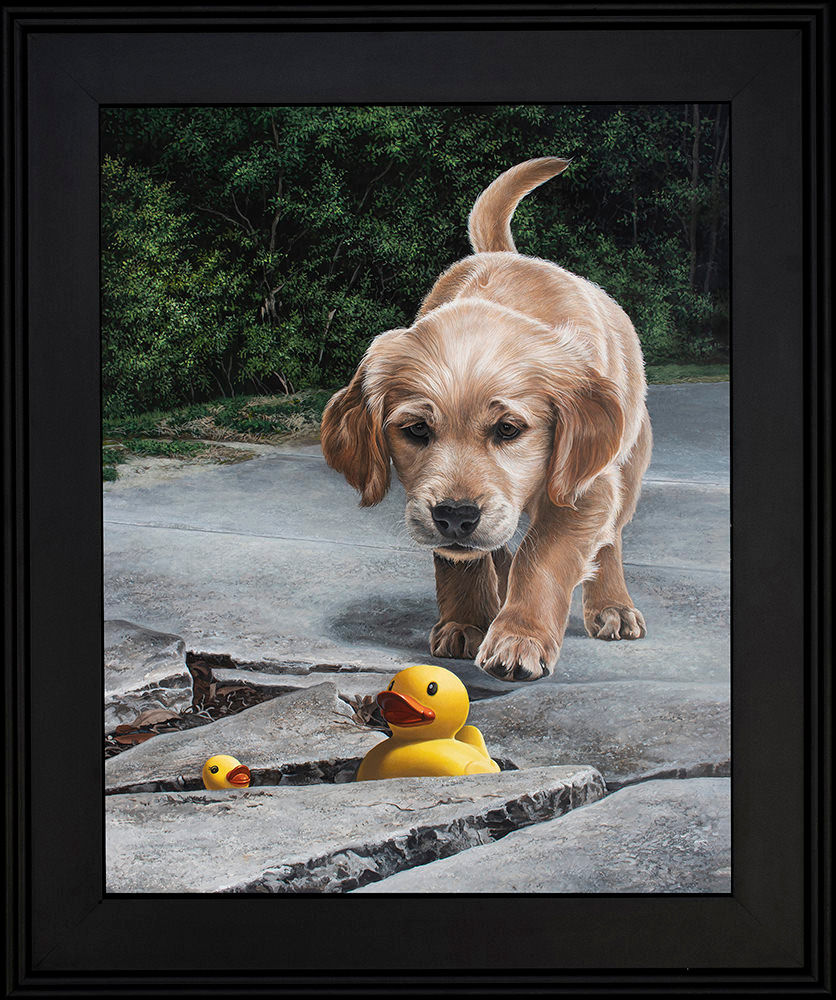 Kevin Grass Quacks in the Sidewalk Black Frame Acrylic on aluminum panel painting