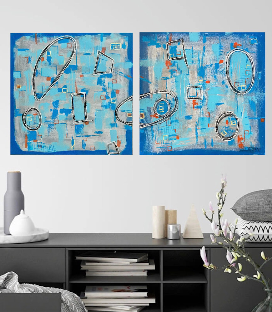 Blue Gone Gray diptych in room