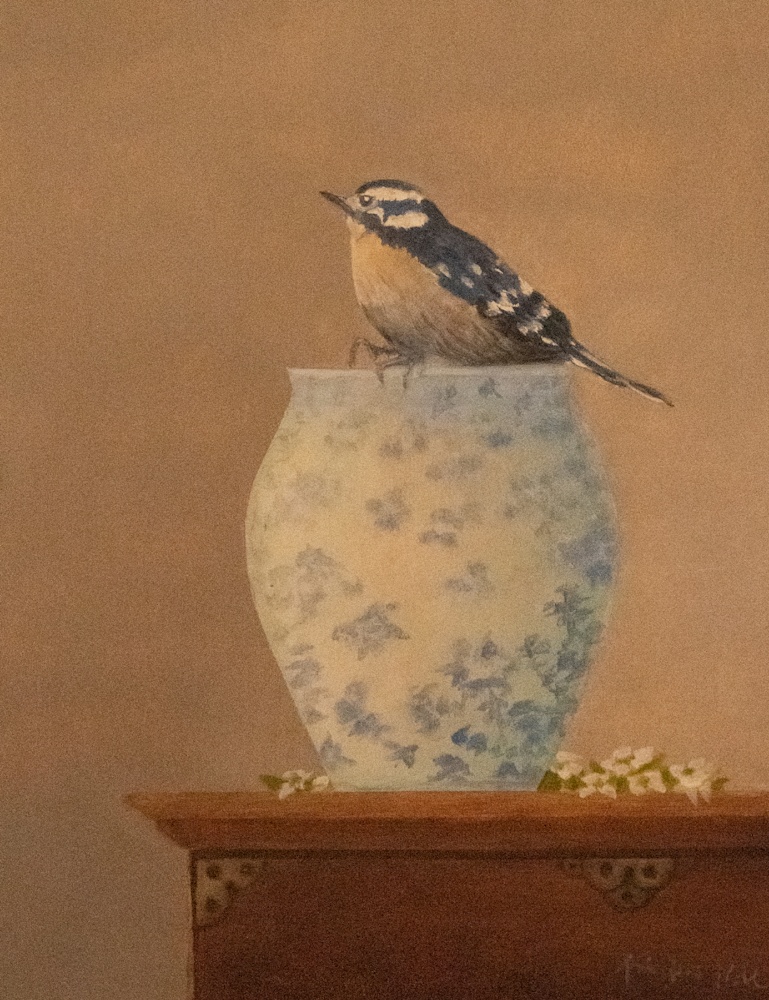 Downy woodpecker and vase