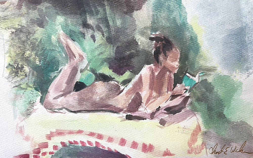 Christine Welman   Garden Reader figures watercolor 7x9