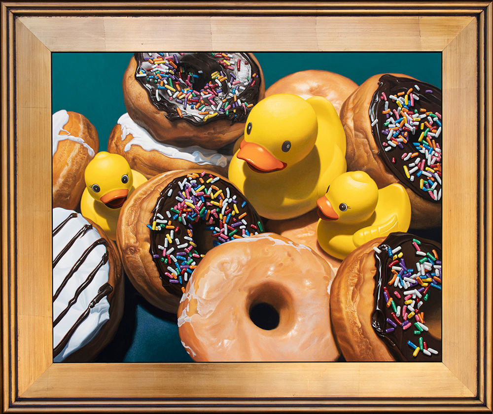 Kevin Grass Duck In Donuts Gold Frame Acrylic on aluminum panel painting