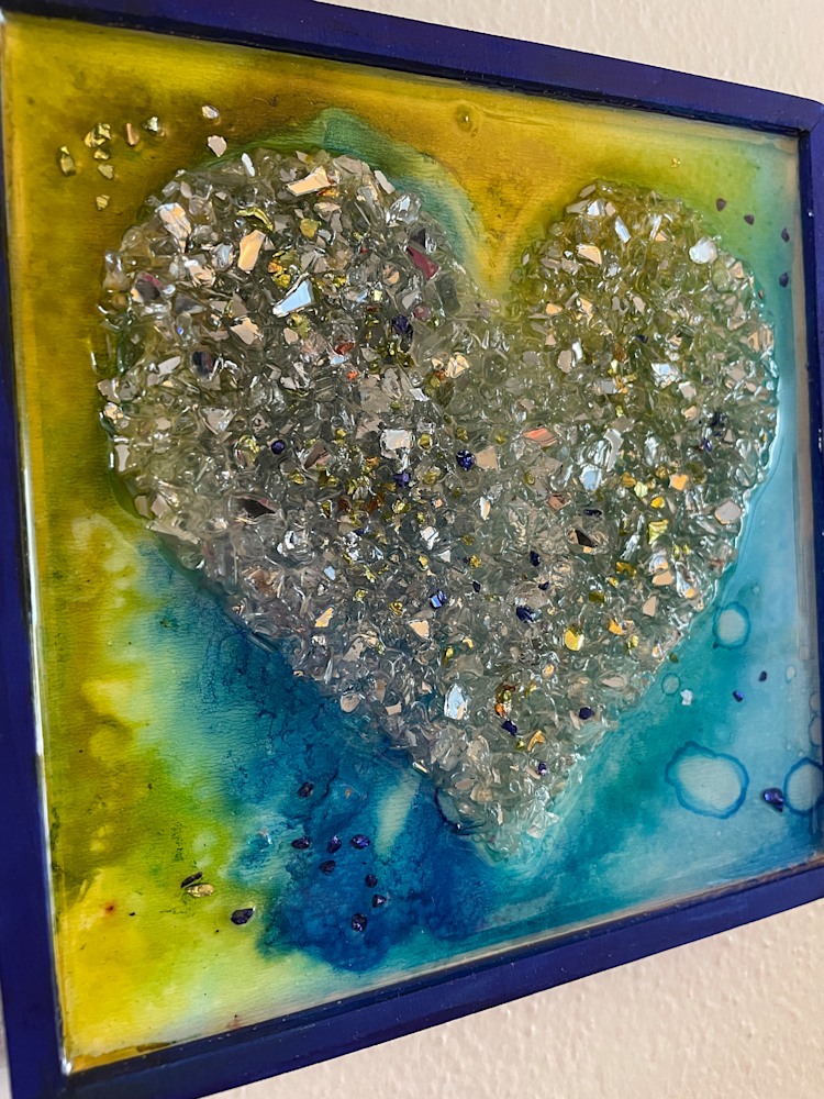 crushed glass blue n green background silver heart