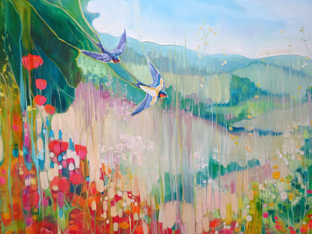 extremely large oil painting of Sussex a poppy meadow with swallows