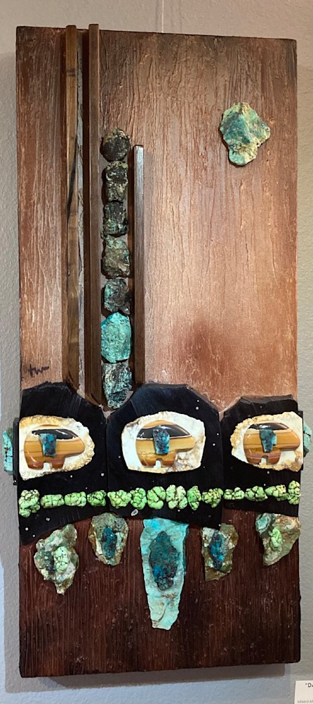 Totem of the Bear Clan (Utah Wonderstone Agate, Onyx Obsidian, Chrysocolla, Turquoise, Magnesite Crystal, White Buffalo Stone on a Black Walnut frame)