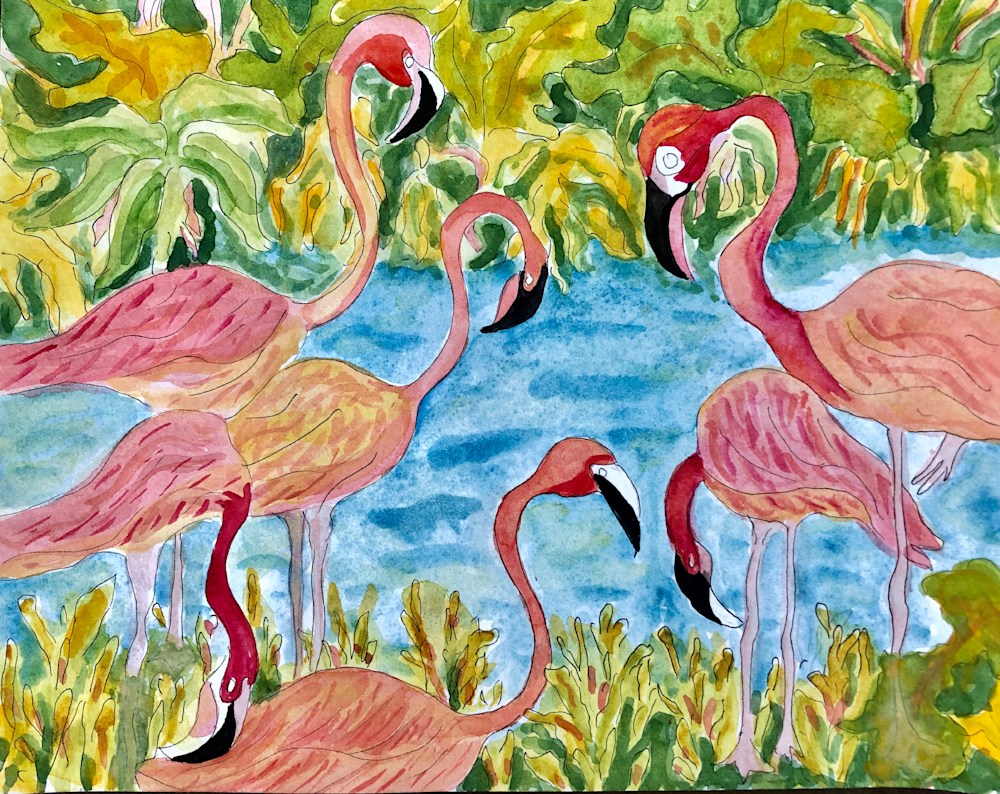 Becki Thomas   colony of Flamingos  9x12