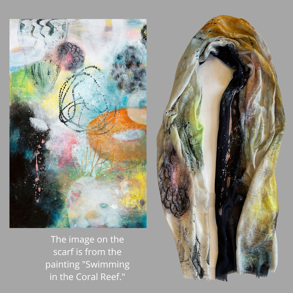 The image on the scarf is from the painting Swimming in the Coral Reef