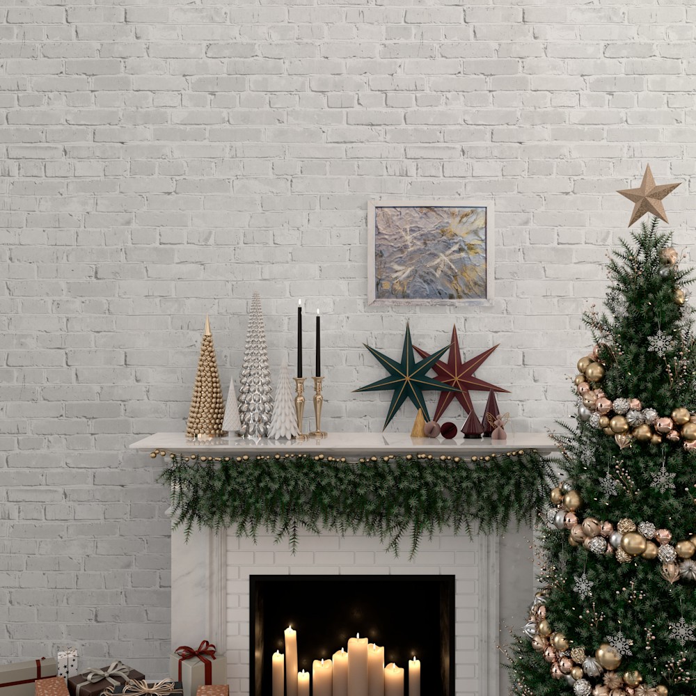 Christmas tree next to fireplace (2)