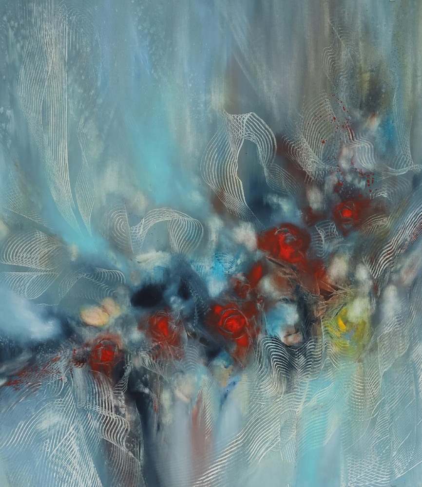 blue red flowers abstraction 100x100