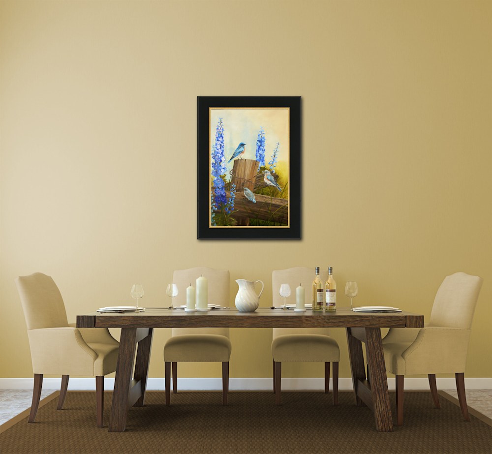 0  diningroom with framed bluebird family and delphiniums website