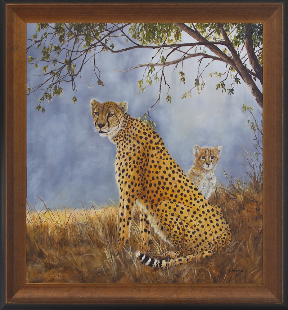 cheetah with cub   framed