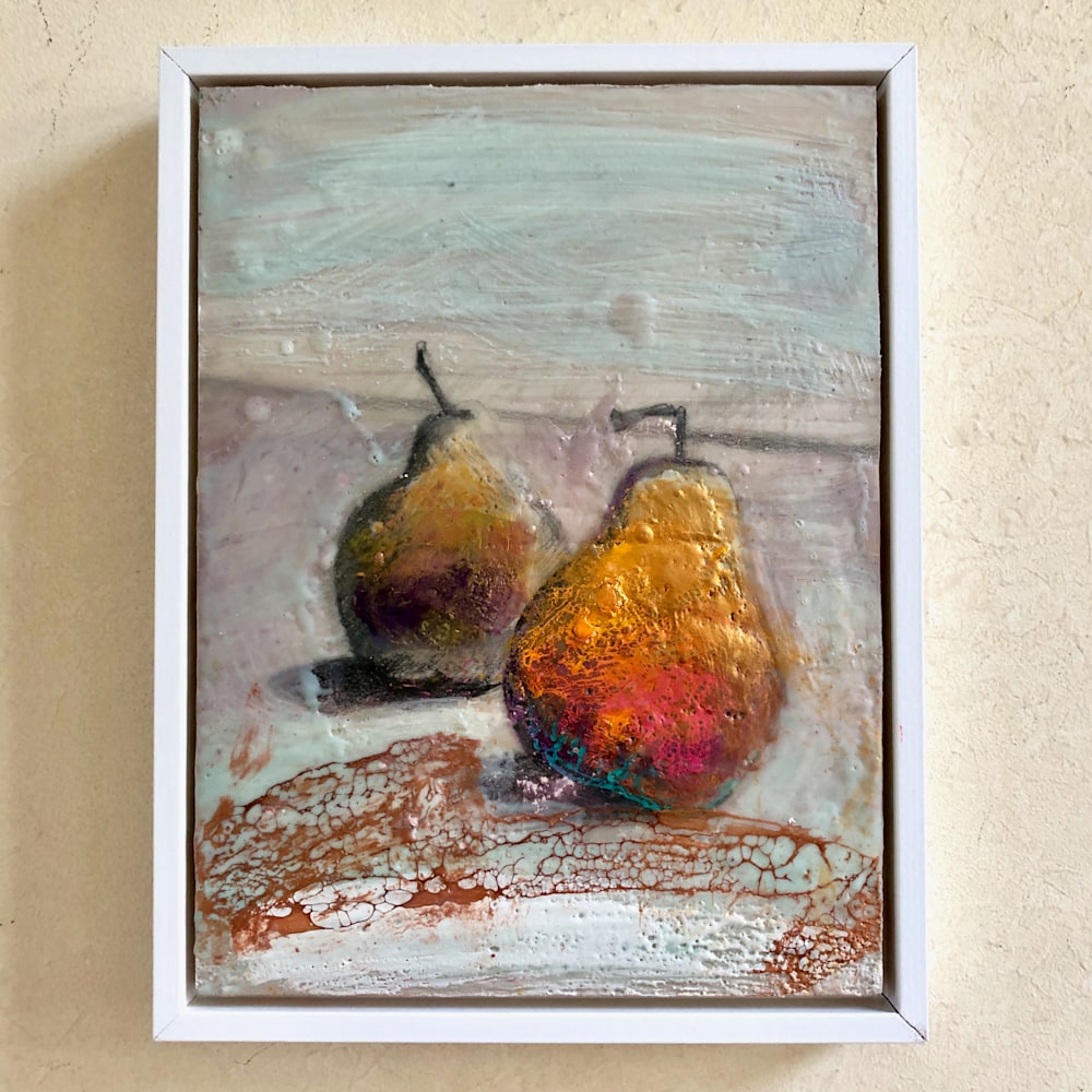 Two Pears Resting, encaustic, 12x9