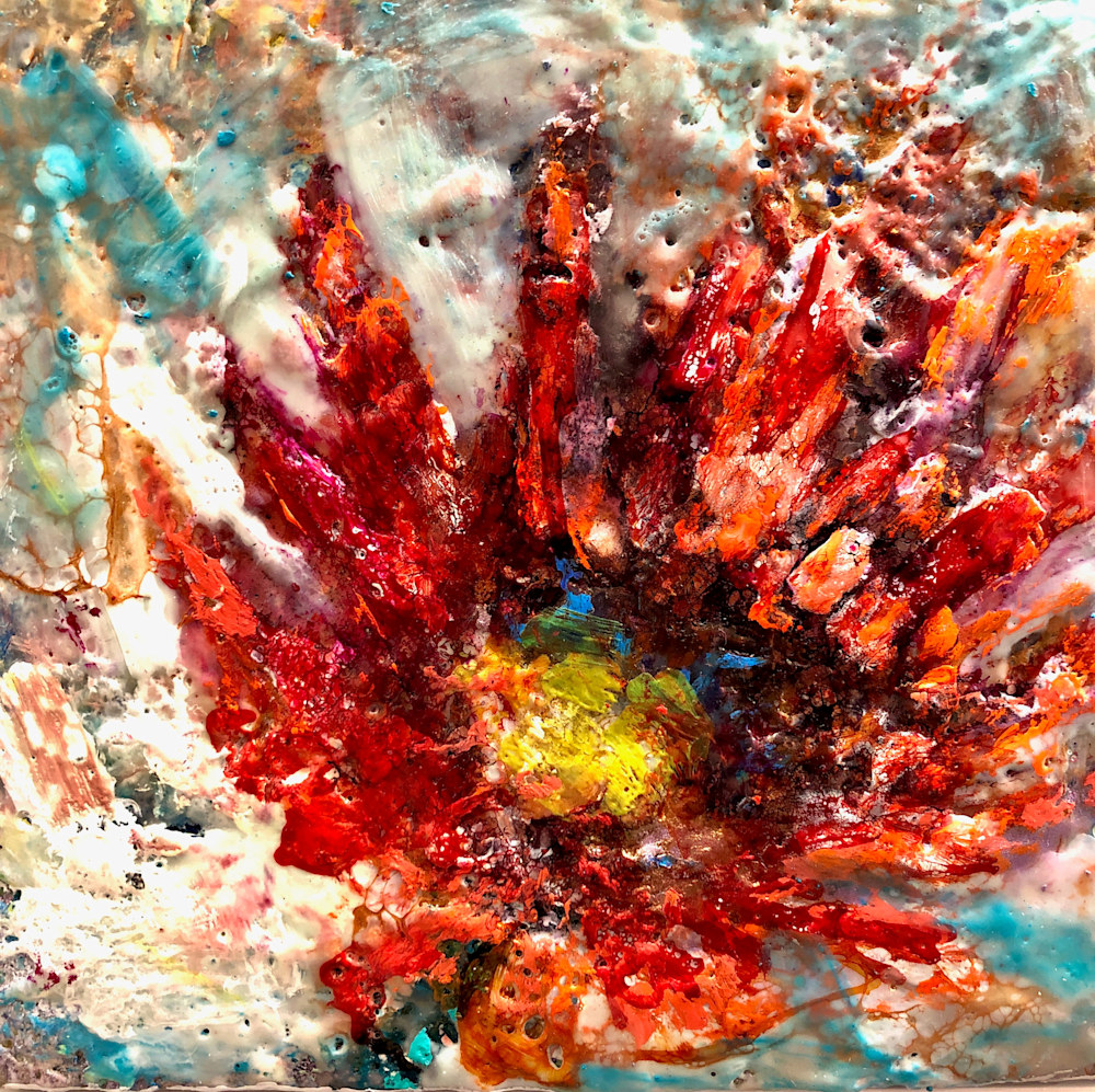 Coral Fire Waterliliy, encaustic and alcohol ink, 8x8