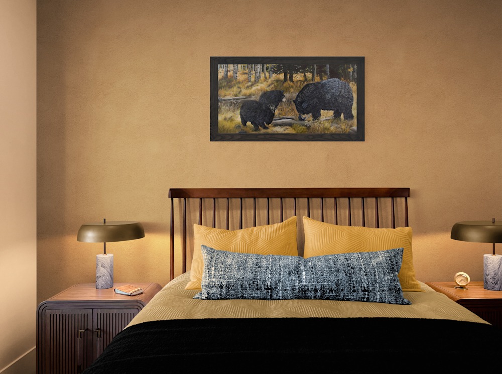 Comfy bed with wooden headboard