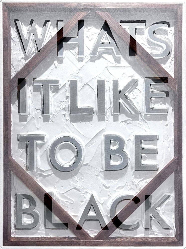 30x40 Tell Me White wood letters drywall paste mess acrylic marker on canvas
