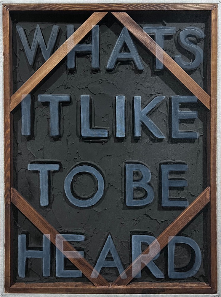 30x40 Tell Me Black wood letters drywall paste mess acrylic marker on canvas