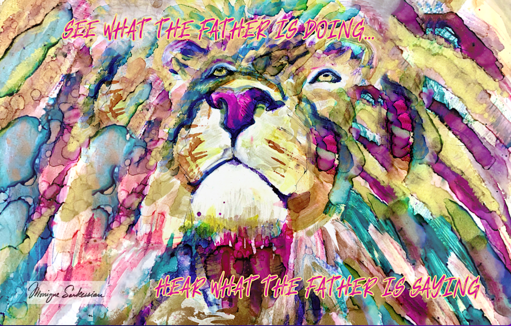 Lion of Judah see what the father is doing silk worship flag Monique Sarkessian