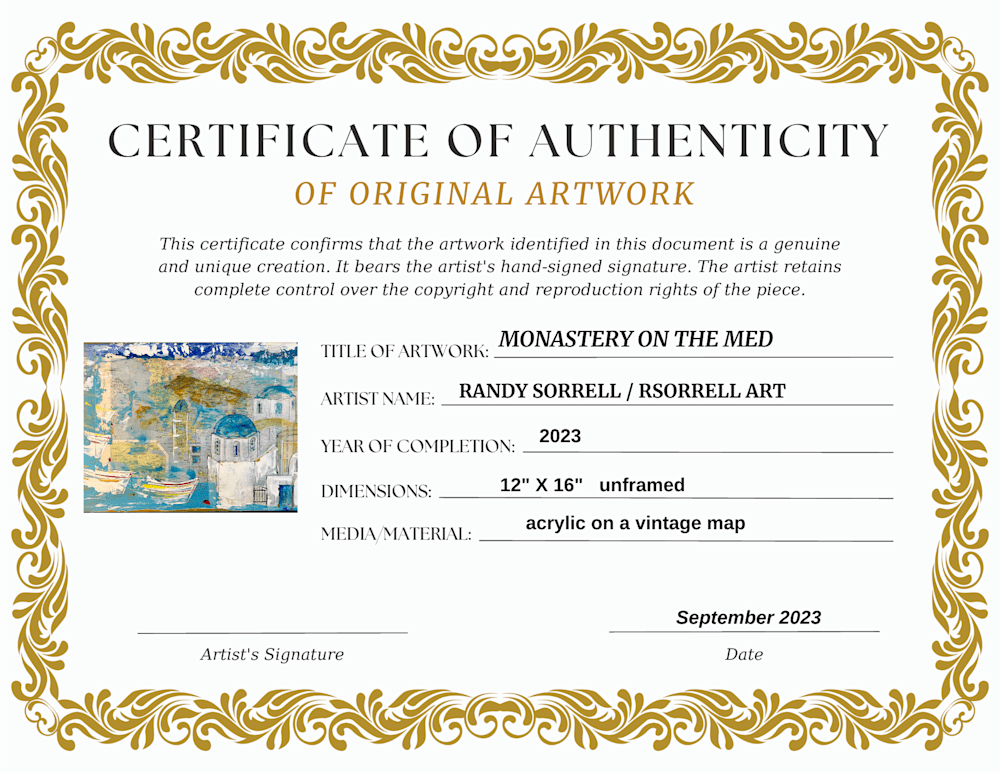 MONASTERY ON THE MED Certificate of authenticity  V1