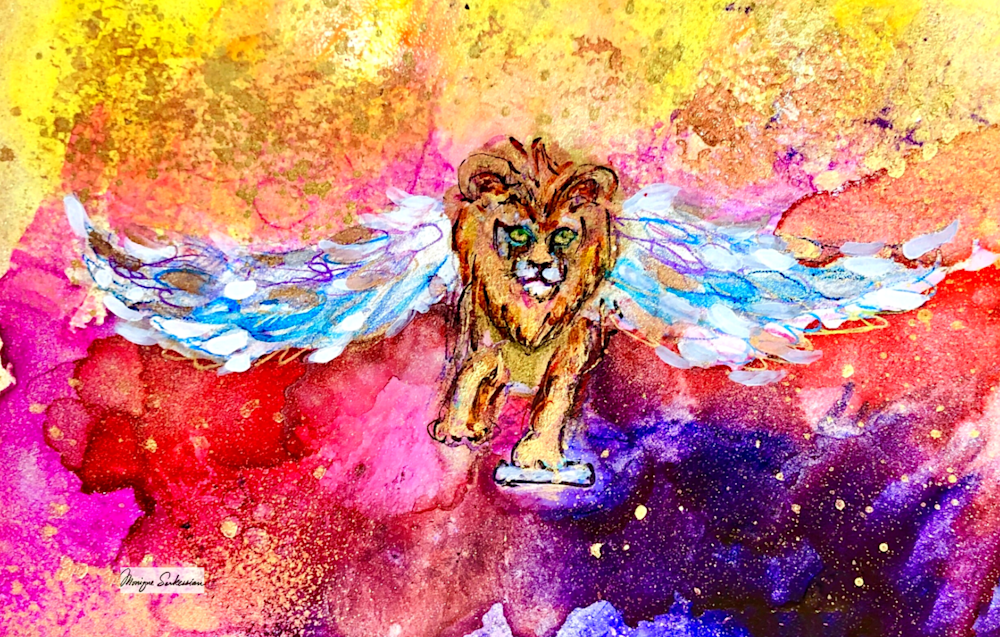 Lion of Judah Flying lion with scroll worship flag by Monique Sarkessian