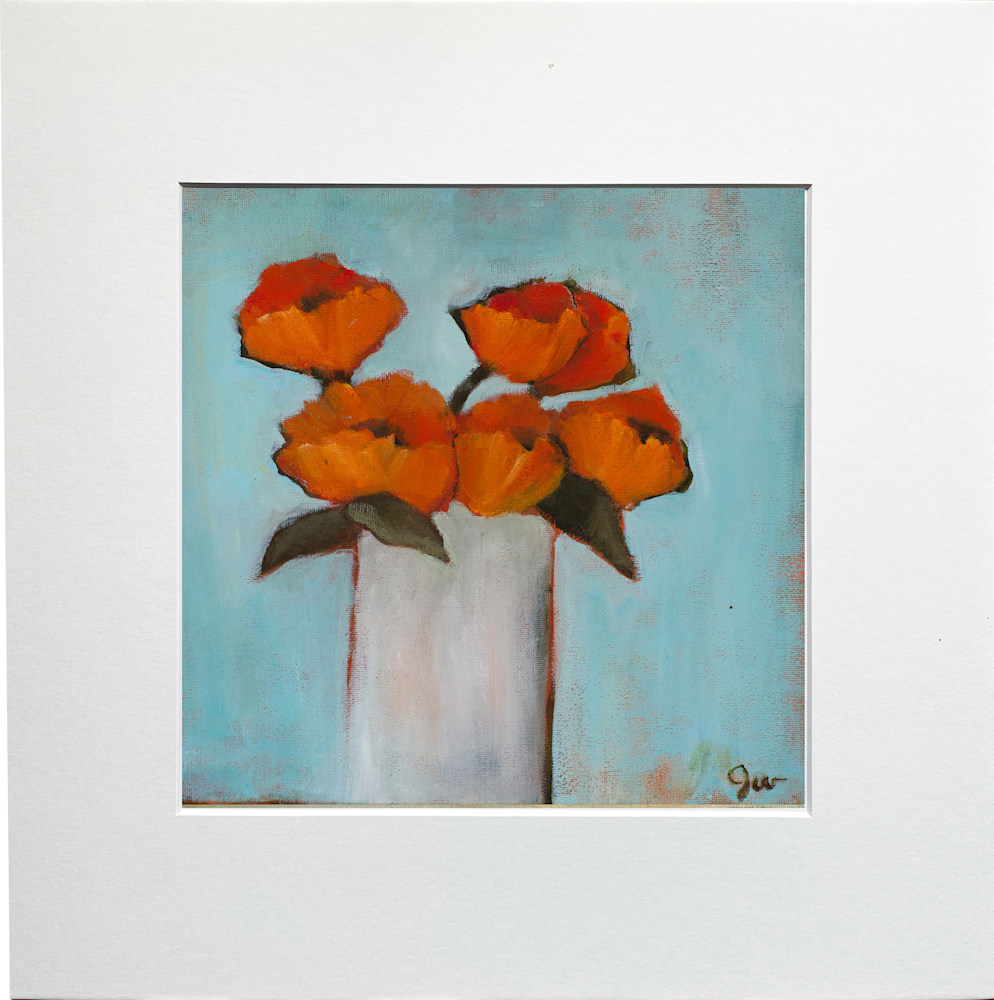Orange Poppies in White Vase 1 Signed Matted print