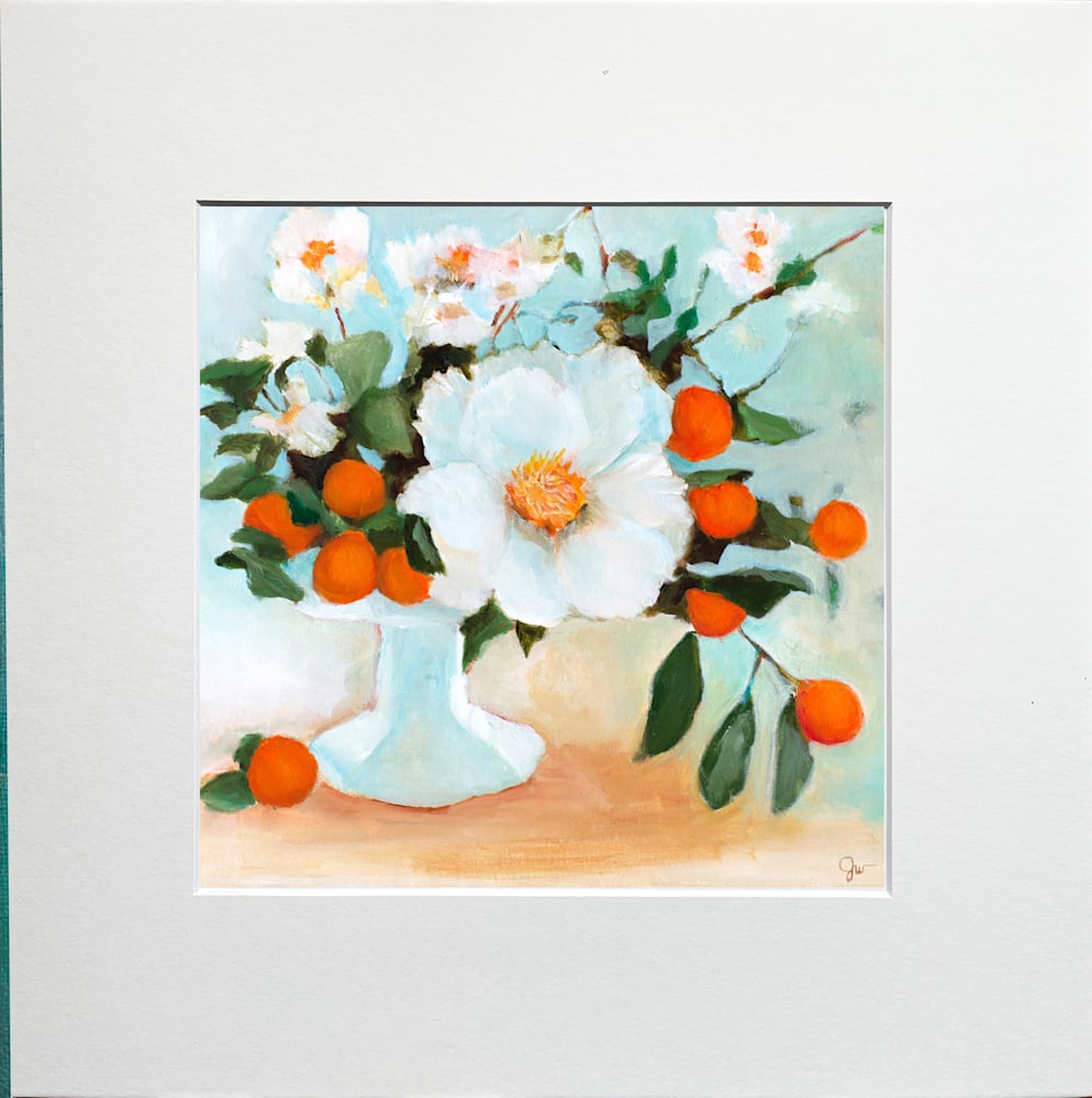 Citrus in White Pedestal Vase Signed Matted Print
