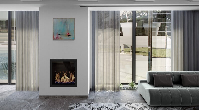 Yin Yang Living room with fireplace and outside views