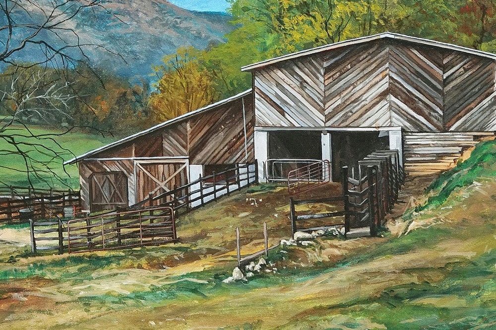 Kevin Grass Appalachian Farm detail Acrylic on canvas painting rah5bk