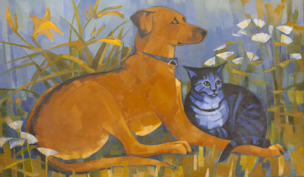 yellow dog and blue cat 18 x30 vpjdiqQX