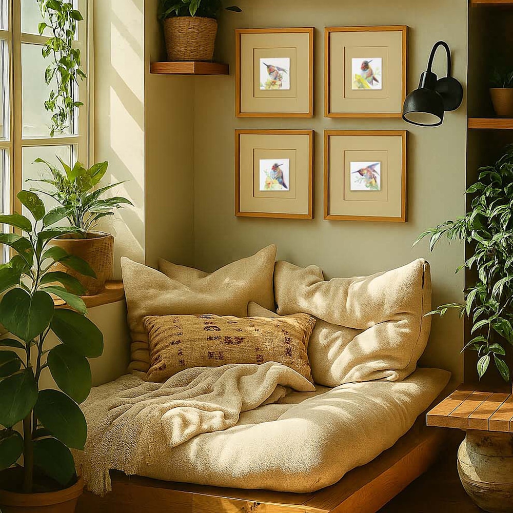 Framed hummingbird mini artwork set above a designer cream lounge nook with natural light and indoor plants