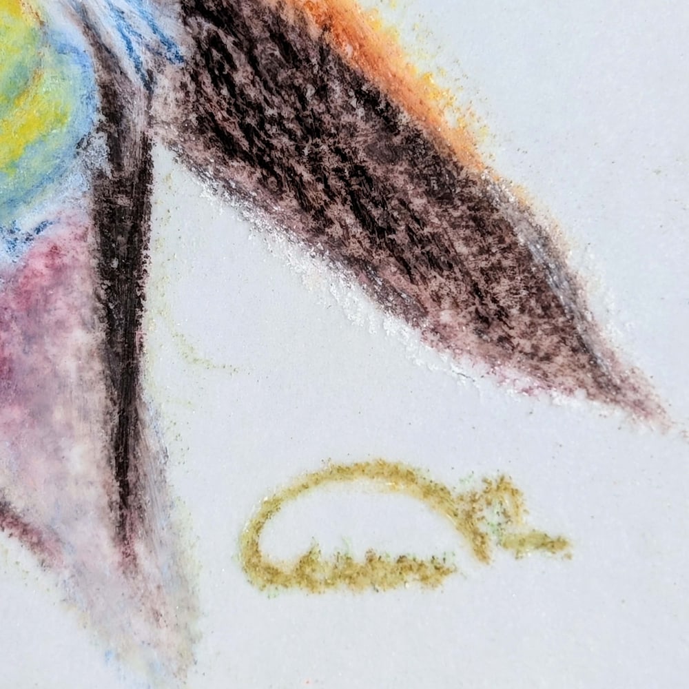 Close-up of artist’s signature on Gemwing Rufous Desert Ember miniature artwork