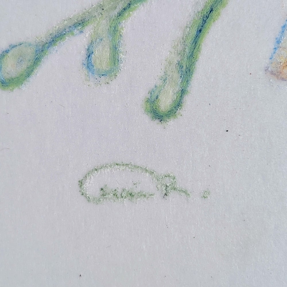 Artist’s signature detail on Gemwing Rufous Desert Prism miniature hummingbird artwork