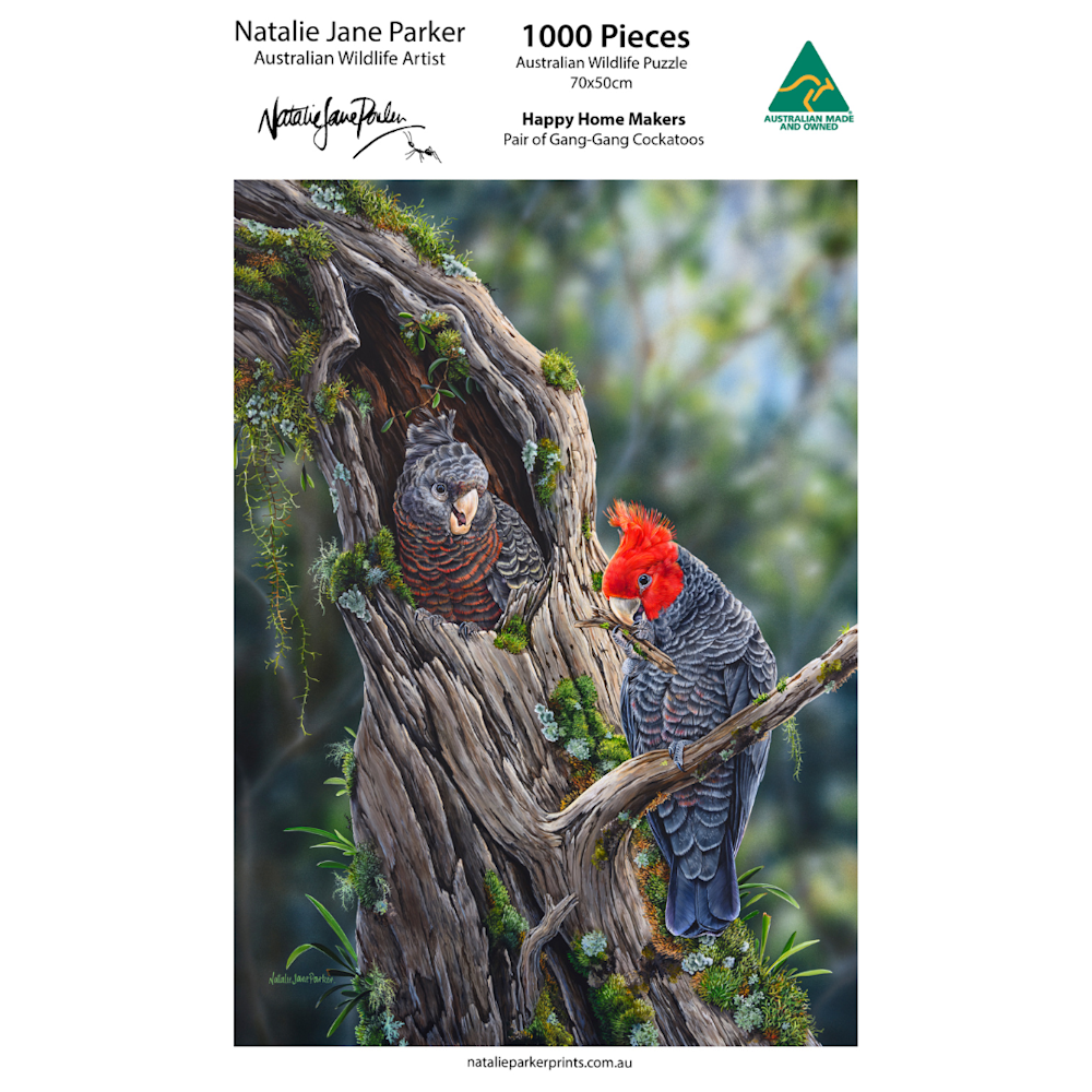 Happy Home Makers – Gang-gang Cockatoos jigsaw puzzle, 1000 pieces (50 × 70 cm), by Natalie Jane Parker – Australian-made