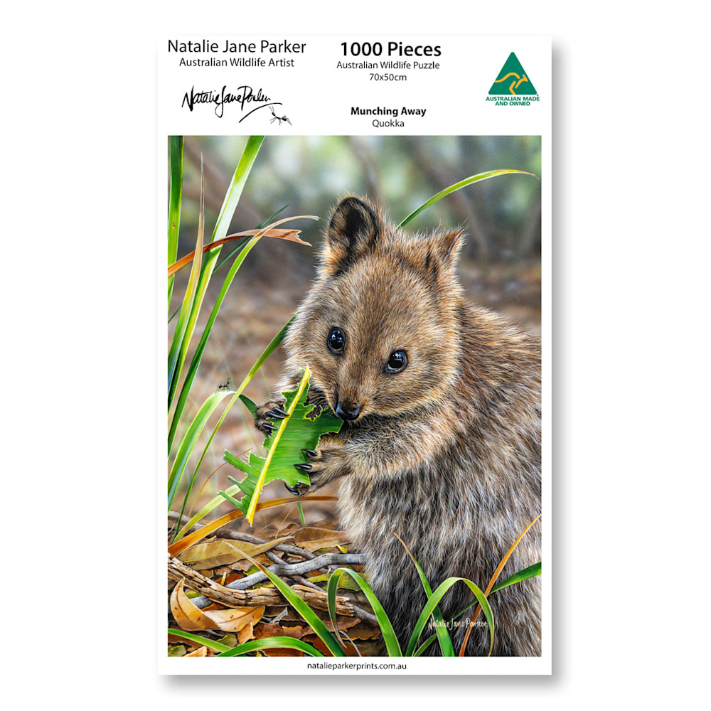 Munching Away quokka jigsaw puzzle cover by Natalie Jane Parker – 1000-piece Australian made wildlife puzzle