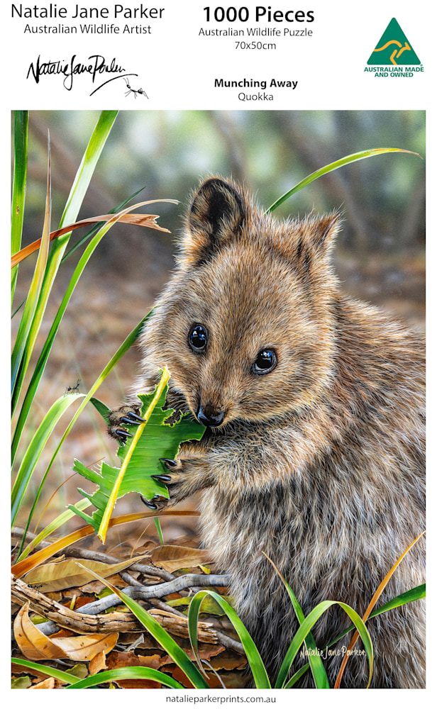 Finished 50 × 70 cm quokka jigsaw puzzle “Munching Away” on a table – Australian wildlife puzzle by Natalie Jane Parker