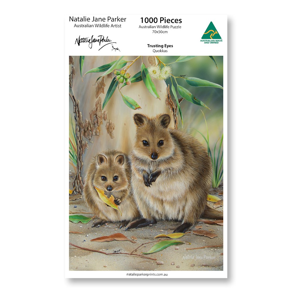 Trusting Eyes quokka with joey 1000-piece Australian made jigsaw puzzle by Natalie Jane Parker