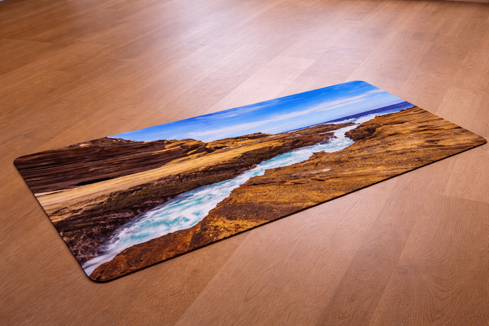 Coastal yoga mat with vibrant scene