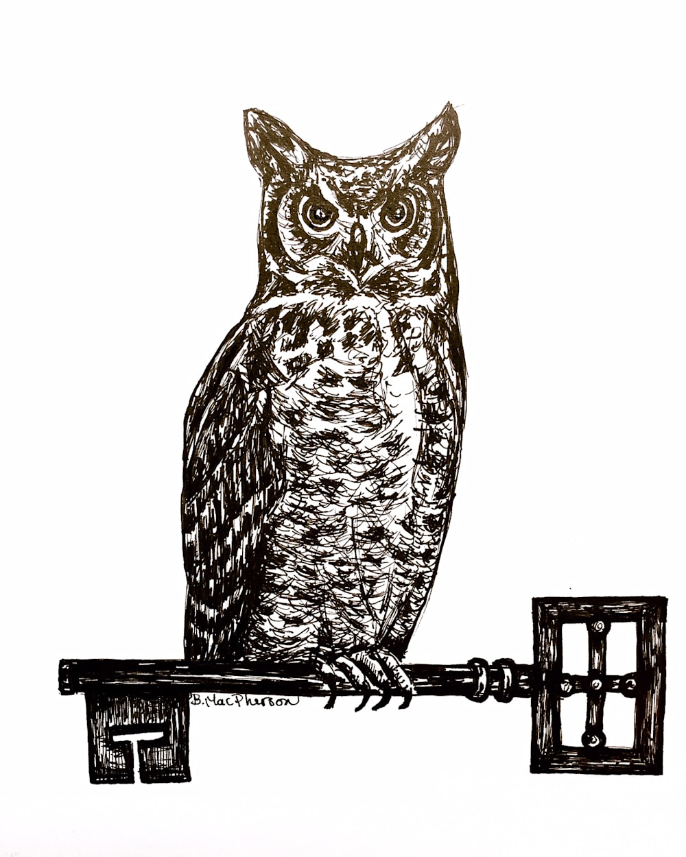 Great Horned Owl with Antique Key Illustration by Becky MacPherson