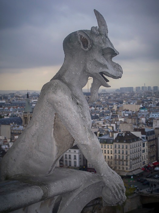 A gargoyle on the roof of the Cathedrale Notre Dame de Paris