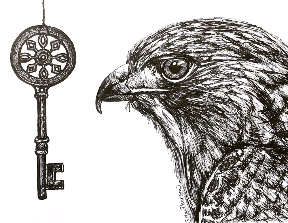 Hawk and Antique Key Illustration by Becky MacPherson