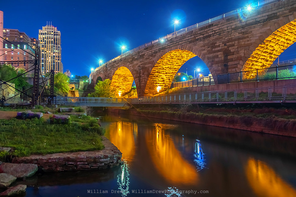 Stone Arch Bridge Reflections - MPLS Skyline Art | William Drew Photography [Mill City Ruins Collections]