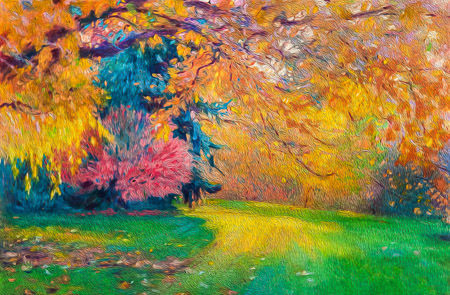 Brook Forest Backyard at Fall - digitally enhanced pastel art