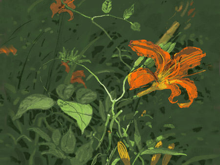 Digital drawing of lily flowers with leaves