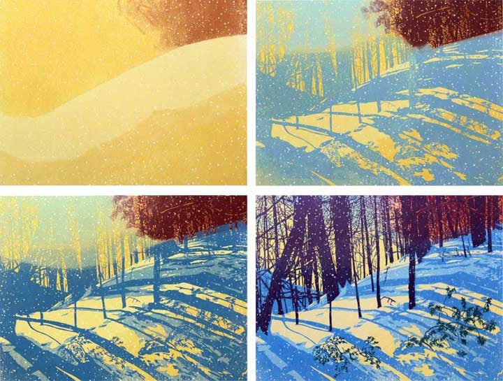 Linocut print Sunshine Snowfall, impressions 1-4