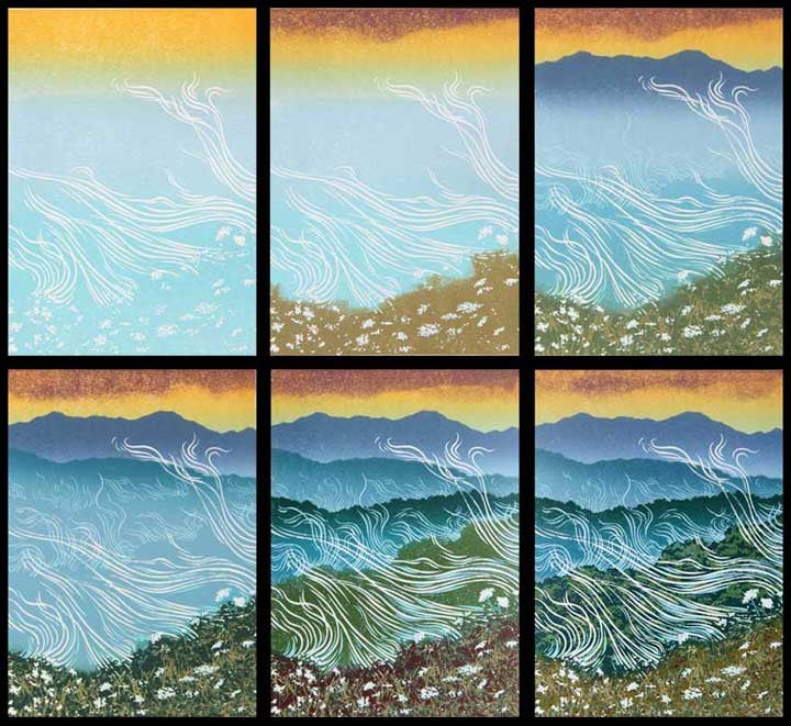 Blue Mountains, impressions 1-6, linocut print by William H. Hays