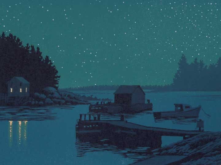 Coastline Nocturne, detail, linocut print by William H. Hays